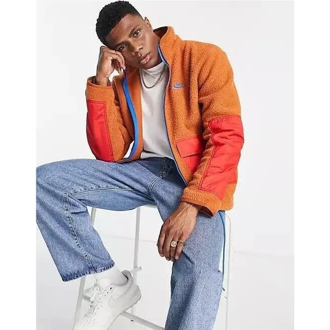 Nike Mens Jacket Coat M Sherpa Fleece Full Zip Mock Collar Loose Fit Rust