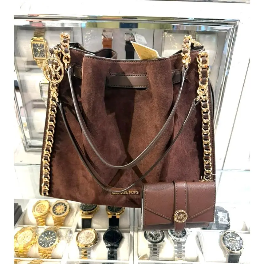 Michael Kors Mina Large Bonded Leather Shoulder Bag + Envelope Wallet Nutmeg