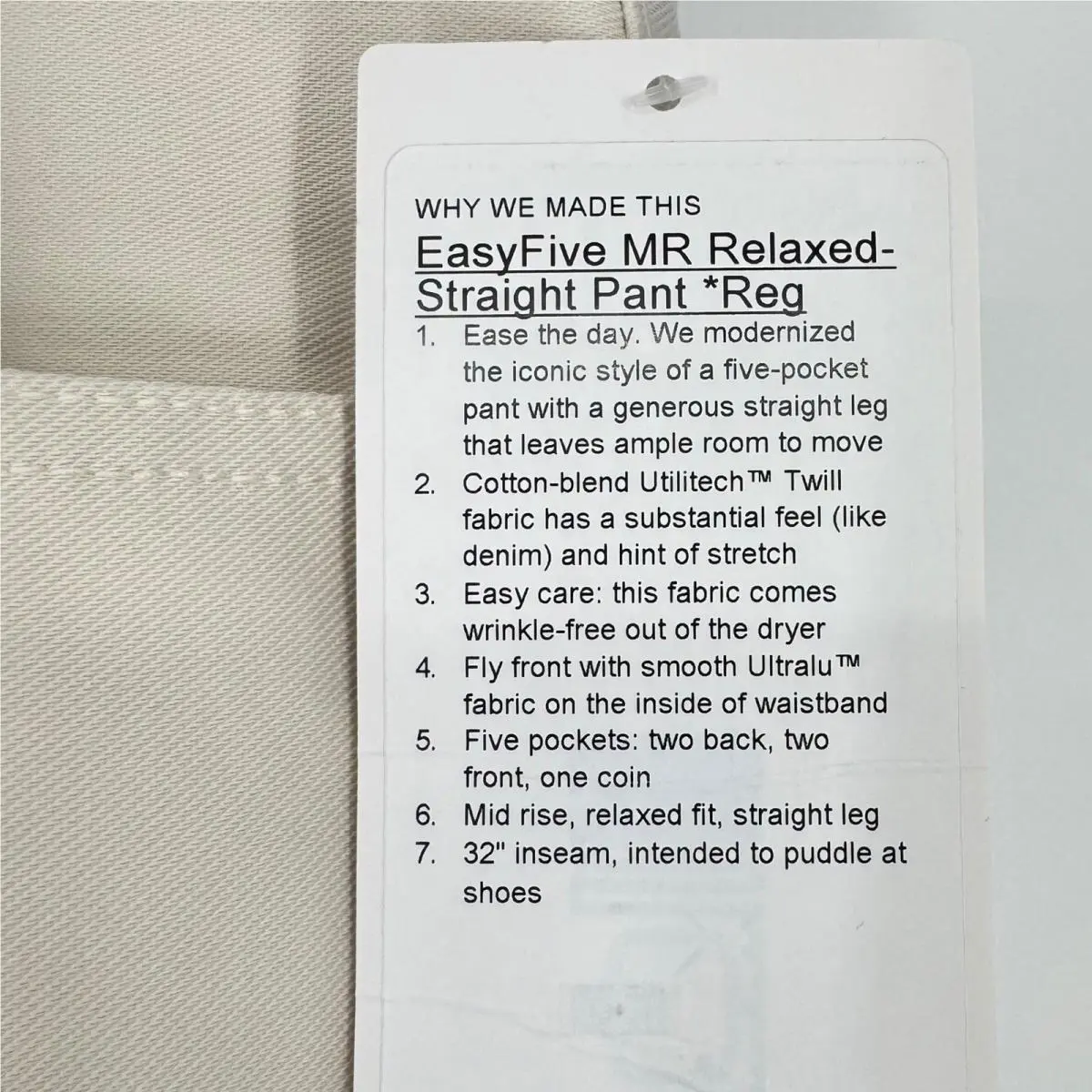 Lululemon clothing - EasyFive MR Relaxed-Straight Pant - EasyFive Pant - Ivory 3