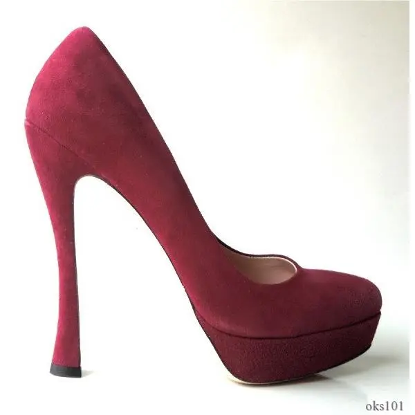 Prada Miu Miu Burgundy Red Suede Platforms Curved Heel Shoes Super Sexy