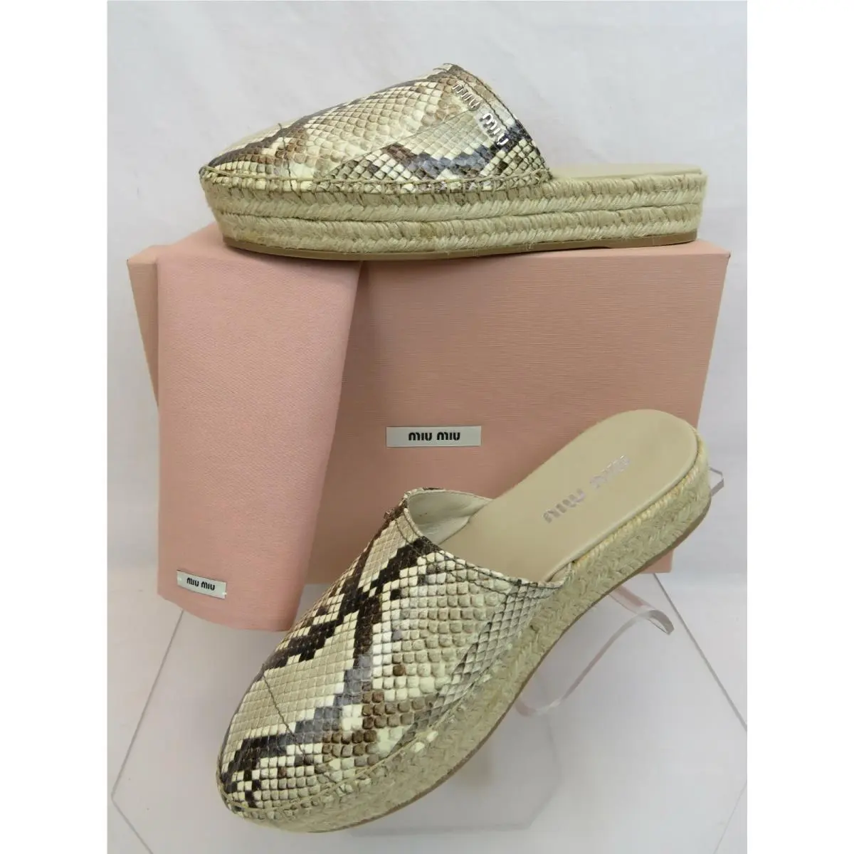 Miu Miu Prada 5S787C Beige Snake Print Leather Logo Espadrilles Sandals 37