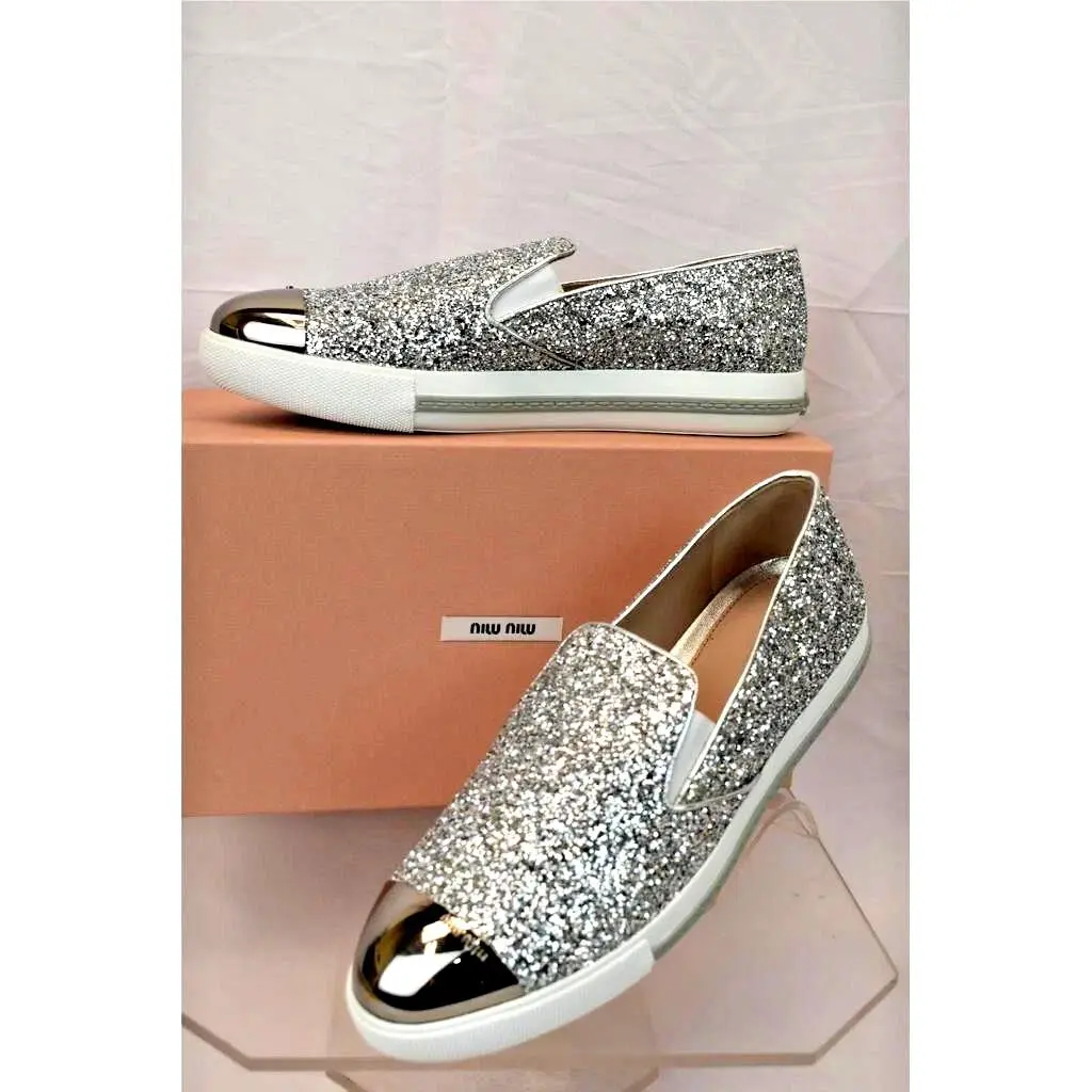 Prada 5S9562 Silver Glitter Metal Cap Toe Logo Loafers Sneakers 41 by Miu Miu