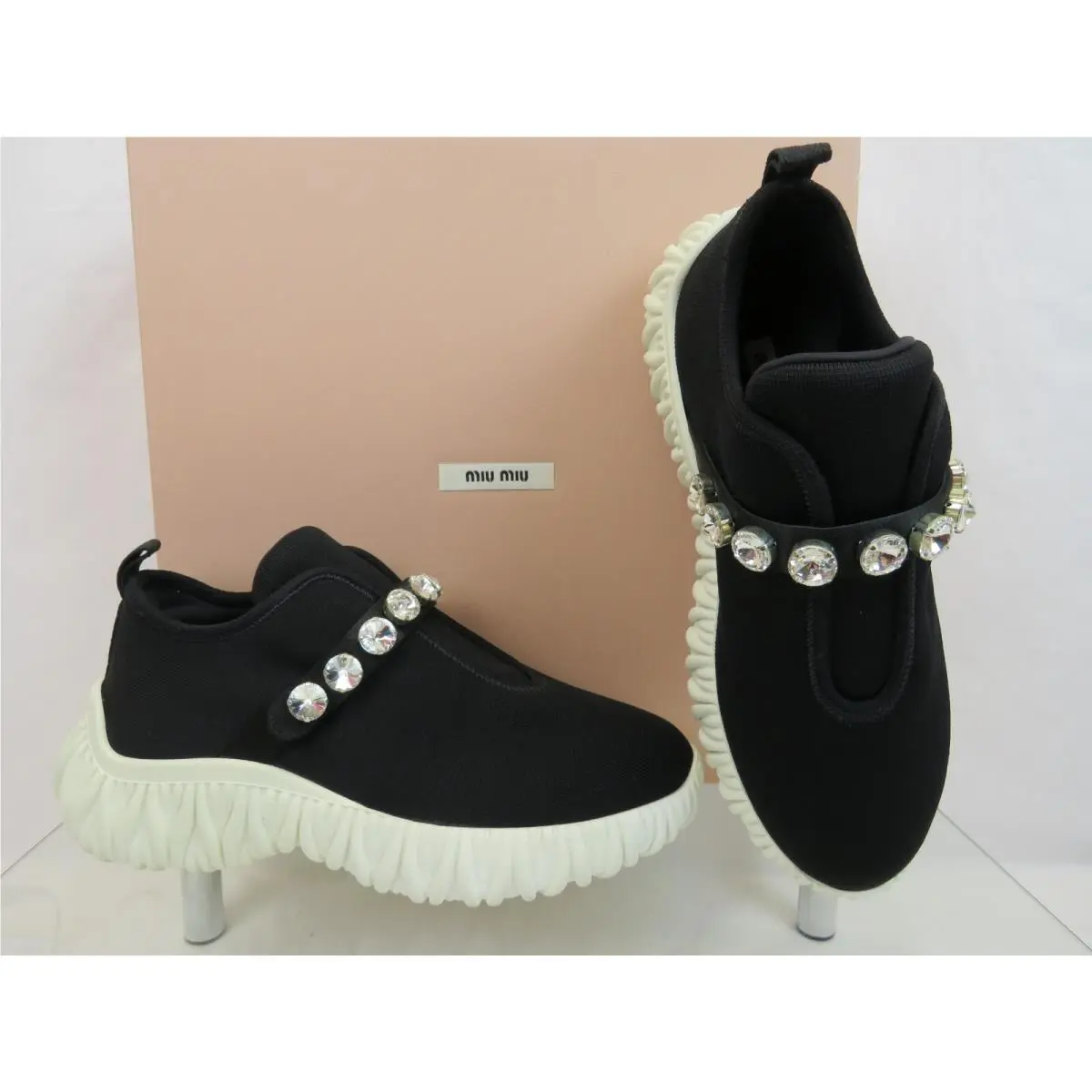 Miu Miu Prada 5S376D Black Knit Crystals Logo Elastic Slip Sneakers 39.5 Italy