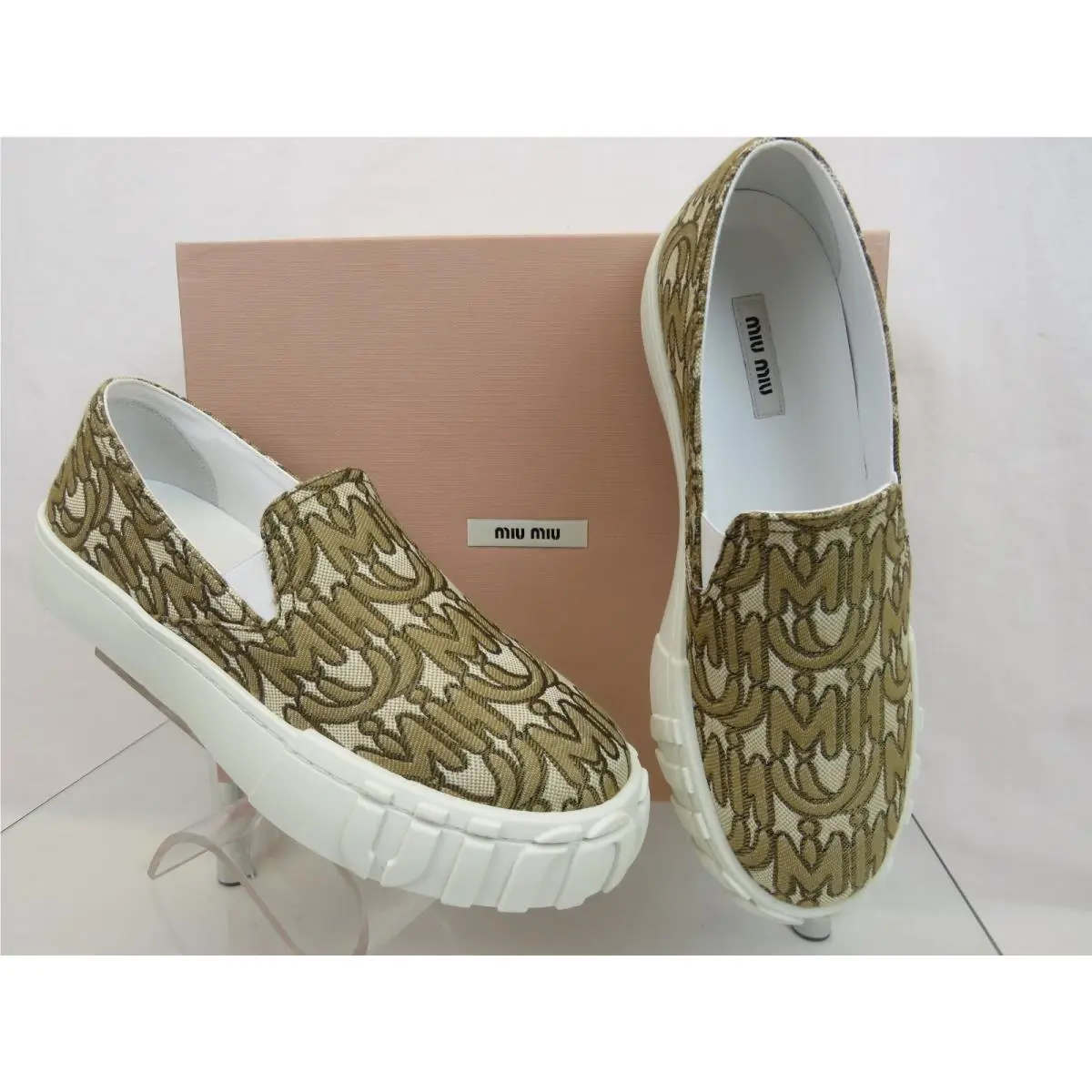 Prada 5S483D Beige Brown Jacquard Logo Slip Loafer Sneakers 38 Italy by Miu Miu