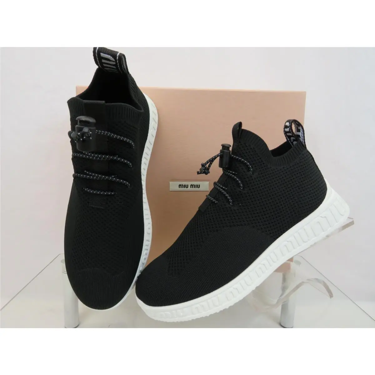 Prada 5E088D Black Knit White Logo Lace Sock Sneakers 40 by Miu Miu