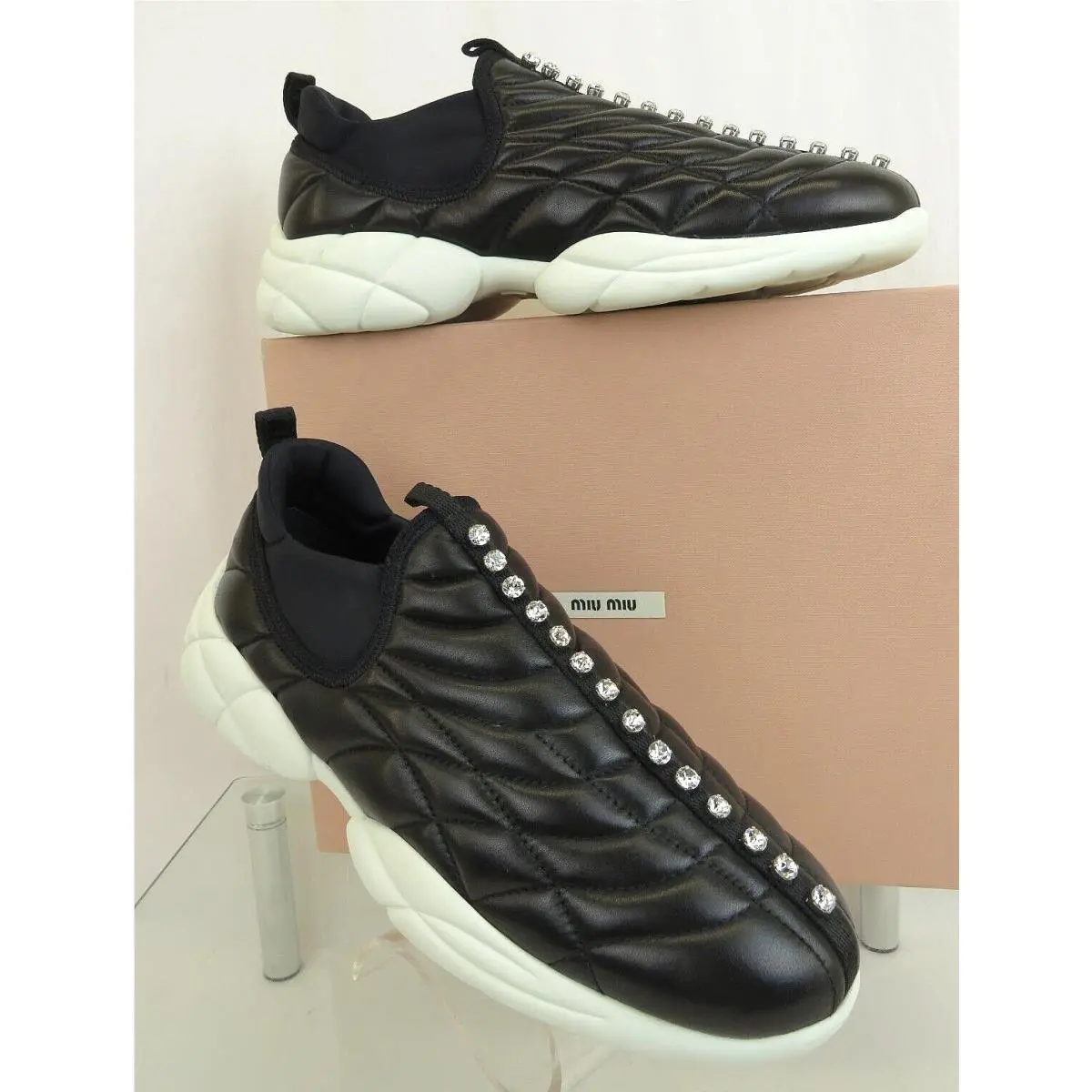 Prada 5S369D Black Quilted Leather Crystals Logo Slip ON Sneakers 41 by Miu Miu