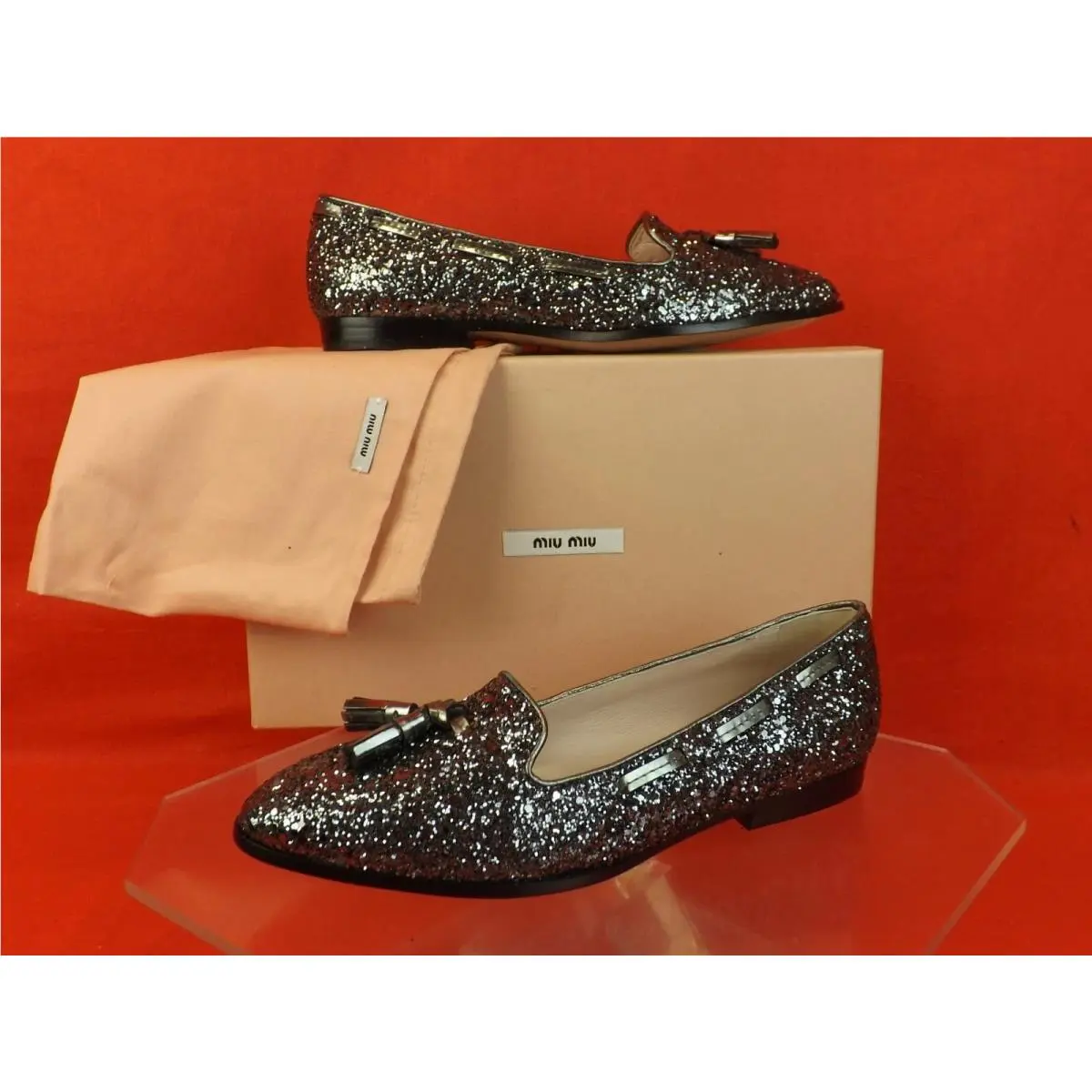 Miu Miu Prada 5S8518 Silver Glitter Tassel Smoking Slipper Flats 40 Italy