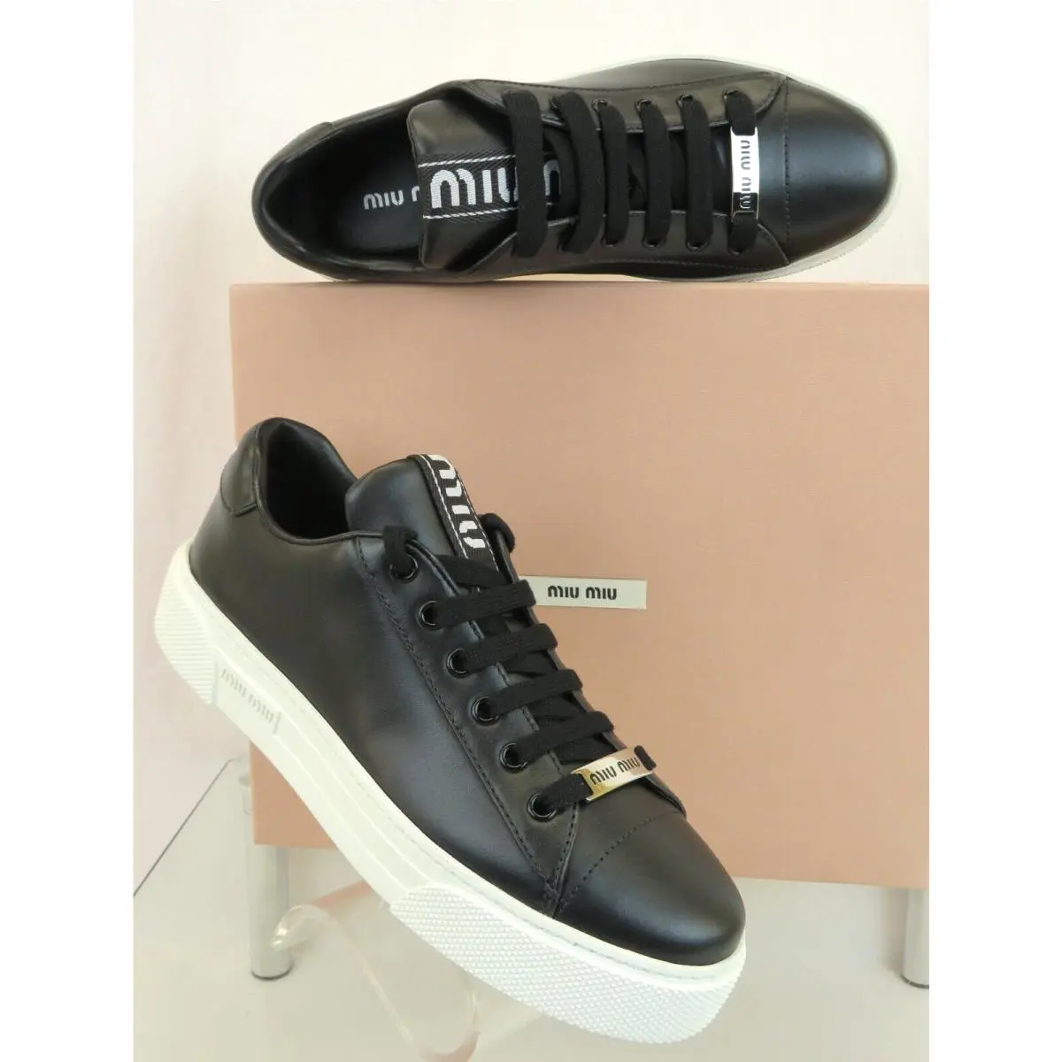 Prada 5E165D Black Leather Metal Logo Lace UP Platform Sneakers 40 by Miu Miu