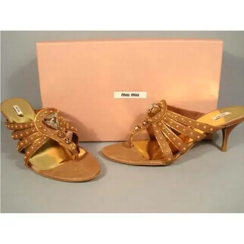 Miu Miu Prada 38.5/8.5 Brown Leather Topaz Stones Thong Sandals