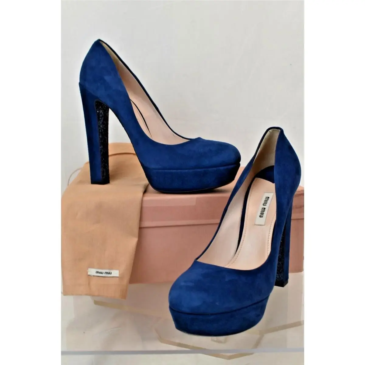 Miu Miu Prada Blue Suede Glitter Sole 5IP266 Platform Pumps 41 Italy