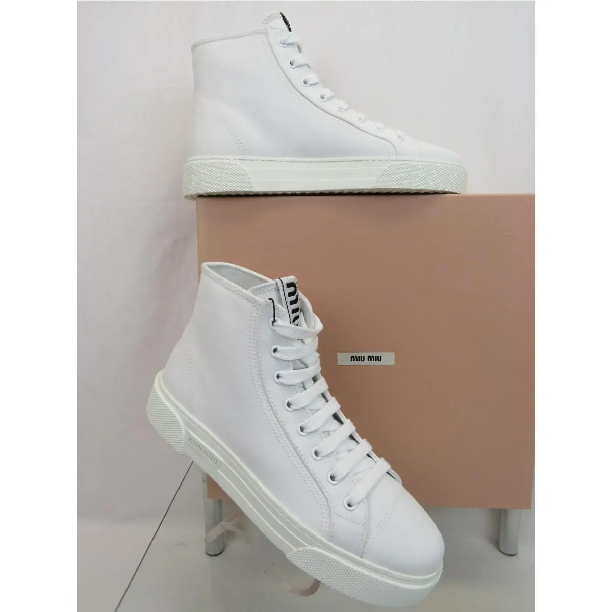 Prada 5T029D White Canvas Black Logo High Top Platform Sneakers 38.5 by Miu Miu