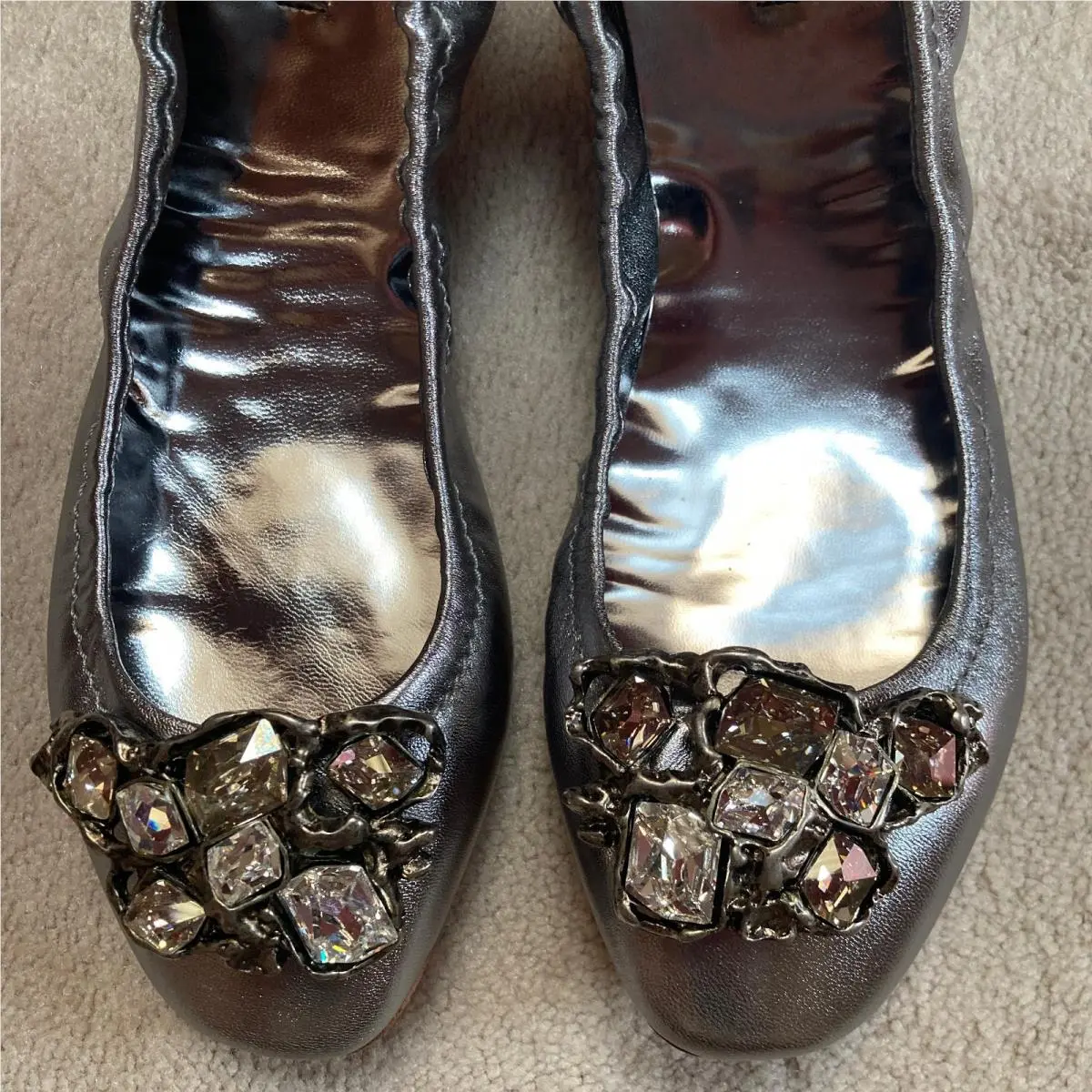 Miu Miu Jeweled Embellished Closed Toe Ballet Flats Silver: 39 EU
