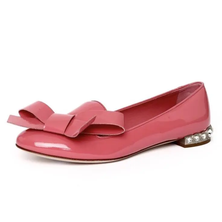 Miu Miu Womens Pink Patent Leather Bow Crystal Jewel Flats D4271 Size 37.5 - Pink