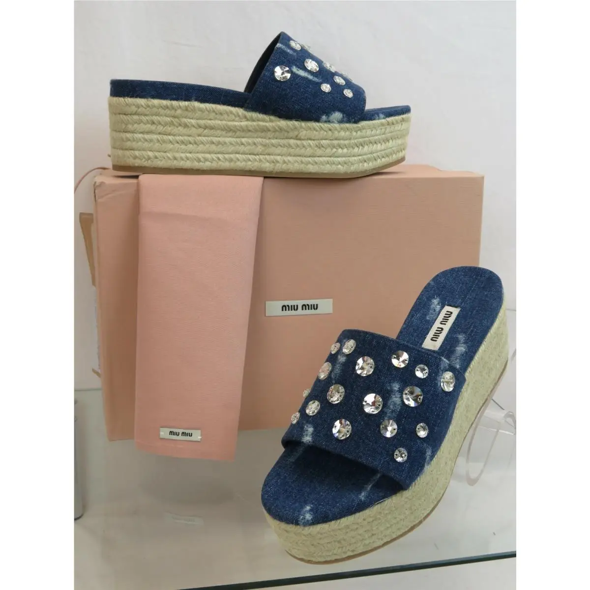 Miu Miu Prada 5XX383 Blue Denim Crystal Jeweled Platform Espadrille Sandals 36.5