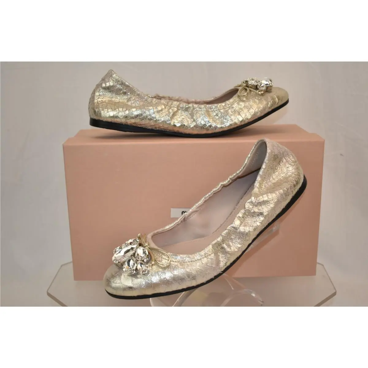 Miu Miu Prada 5F149C Light Gold Python Print Leather Crystals Bow Flats 37.5