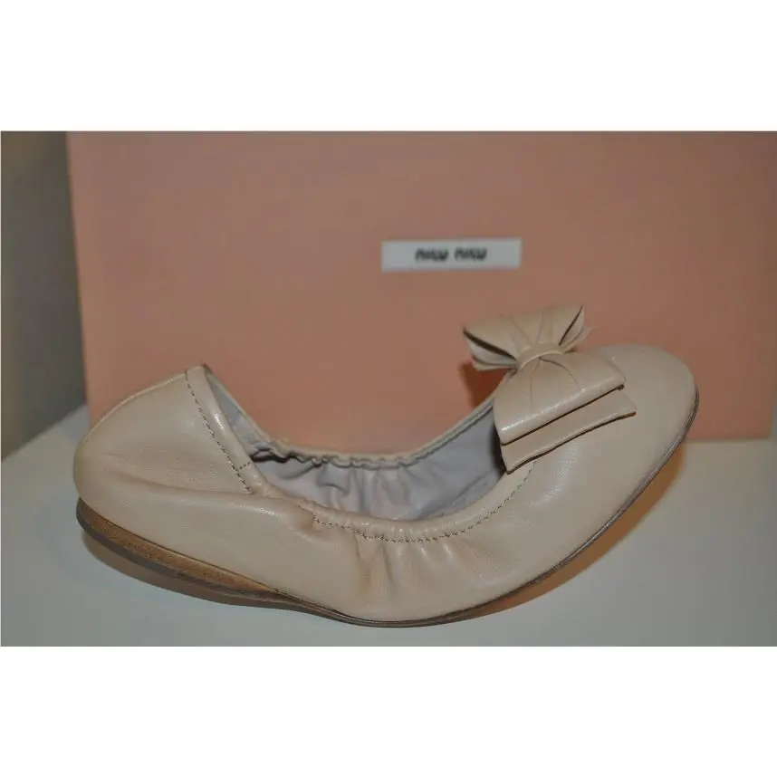 Miu Miu By Prada Bow Ballet Flat Shoes Beige Leather Scrunch 34.5 - 4.5