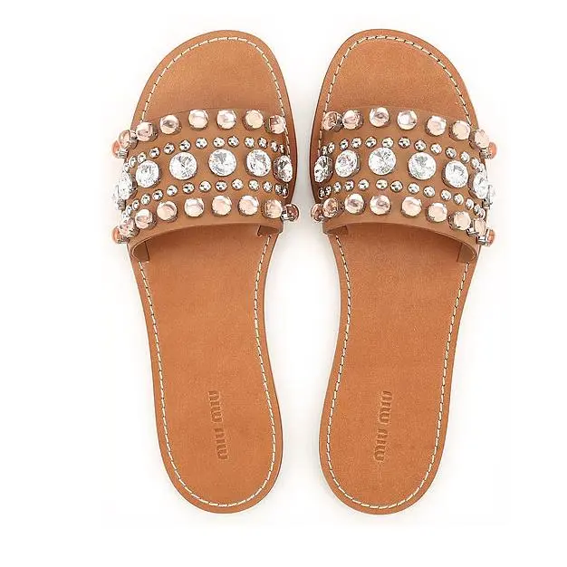 Miu Miu D3826 Montana Women`s Crystals Brown Leather Flat Sandals Size 37.5 Eur