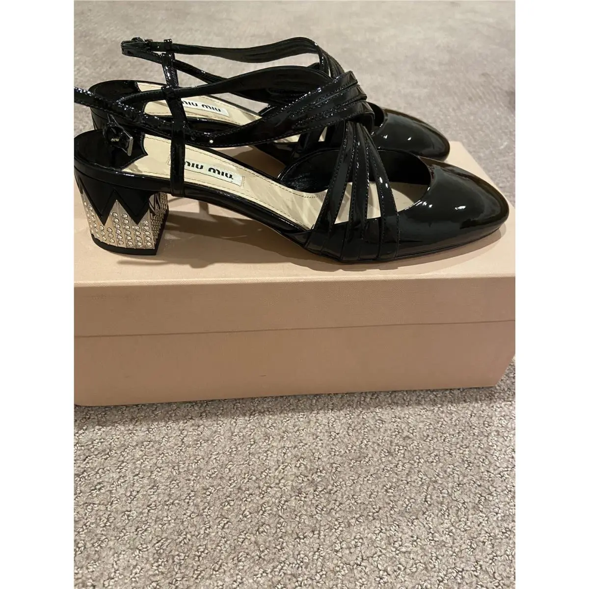1060.Miu Miu Black Patent Leather Crystal Silver Block Chunky Heel Pump 38