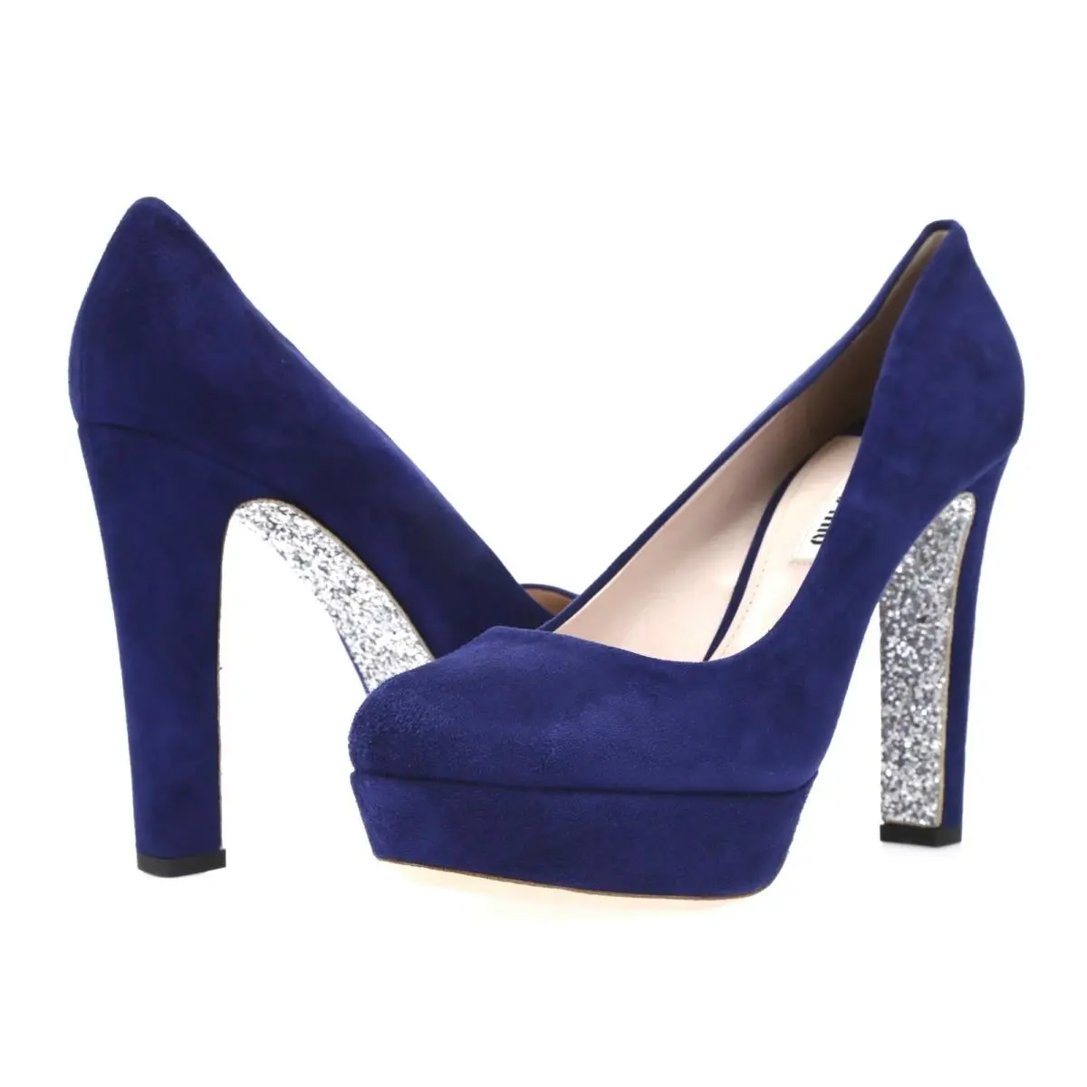 Miu Miu Womens Blue Suede Sparkly Platform Pumps Sz 38.5 229590