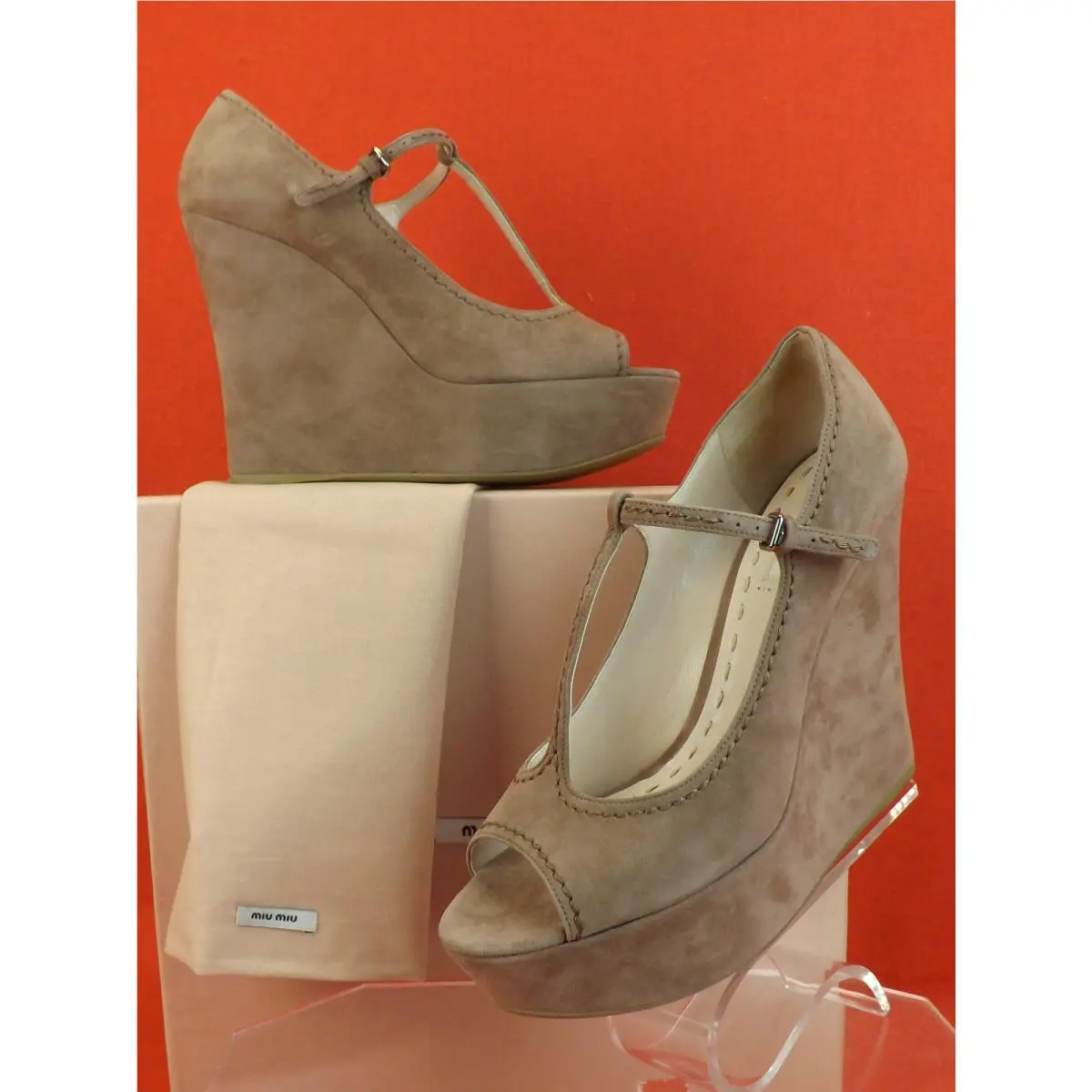 Miu Miu Prada 5KZ012 Dark Rose Beige Suede Open Toe T-strap Platform Wedges 40