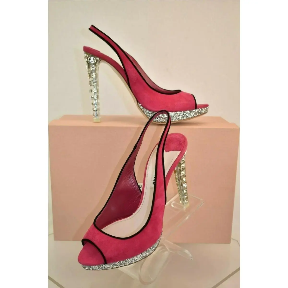 Miu Miu Prada 5XP400F Pink Suede Jeweled Crystals` Heels Pumps 37.5 Italy