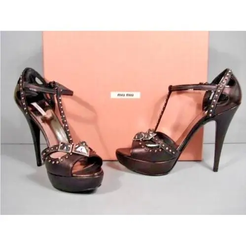 Miu Miu Prada Jeweled T-strap Black Leather Platform T-strap Sandals Pump 37.5