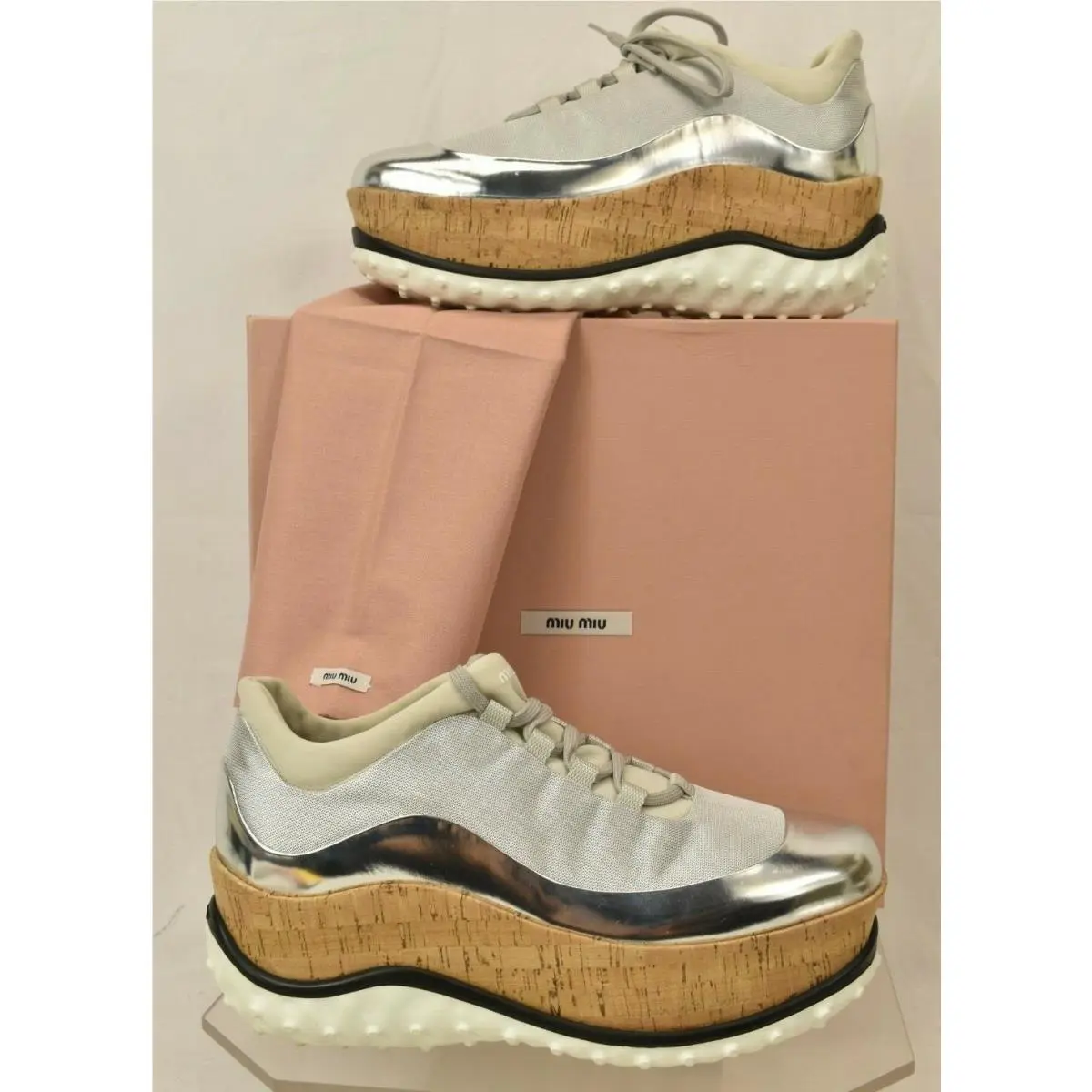 Miu Miu Prada 5E281A Silver Patent Leather Mesh Cork Platform Oxfords 40.5