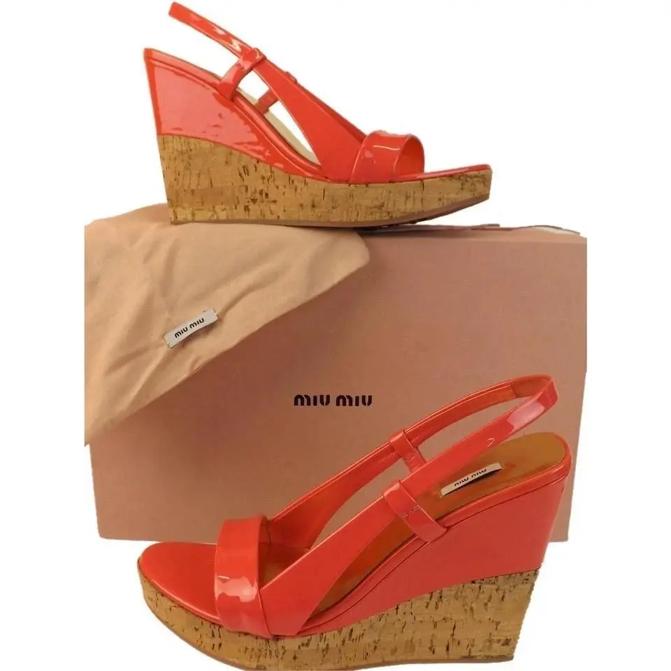 Miu Miu Prada 5X5844 Pink Patent Leather Cork Wedges Sandals 38 Italy