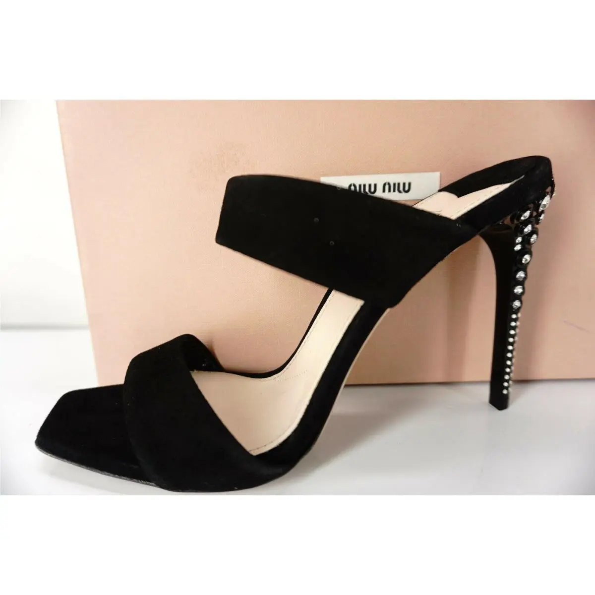 Miu Miu Black Suede Strappy Crystal Studs Mule Sandals Size 38.5