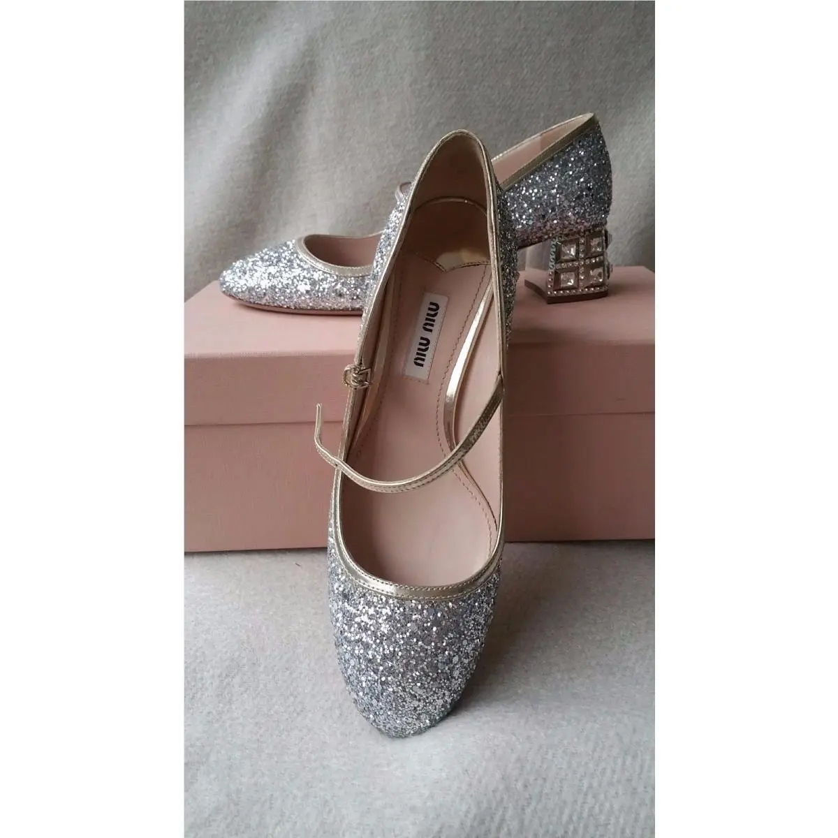 Miu Miu Prada Glitter Mary Jane Silver Pump 35.5 Jeweled Heel Crystal Shoes