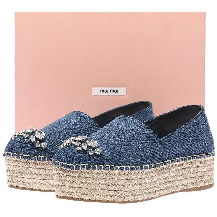 Miu Miu Prada Denim Crystals Espadrilles Wedge Platform Shoes 40.5/US 10.5 - DENIM BLUE