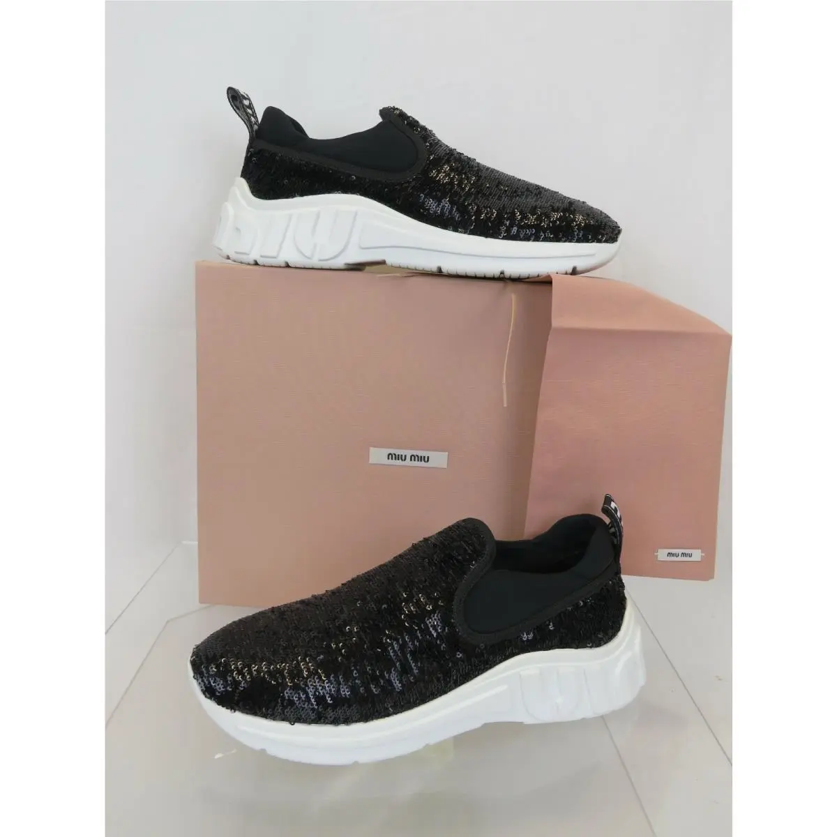 Miu Miu Prada 5S279C Black Logo Glitter Platform Slip ON Sneakers 38 Italy