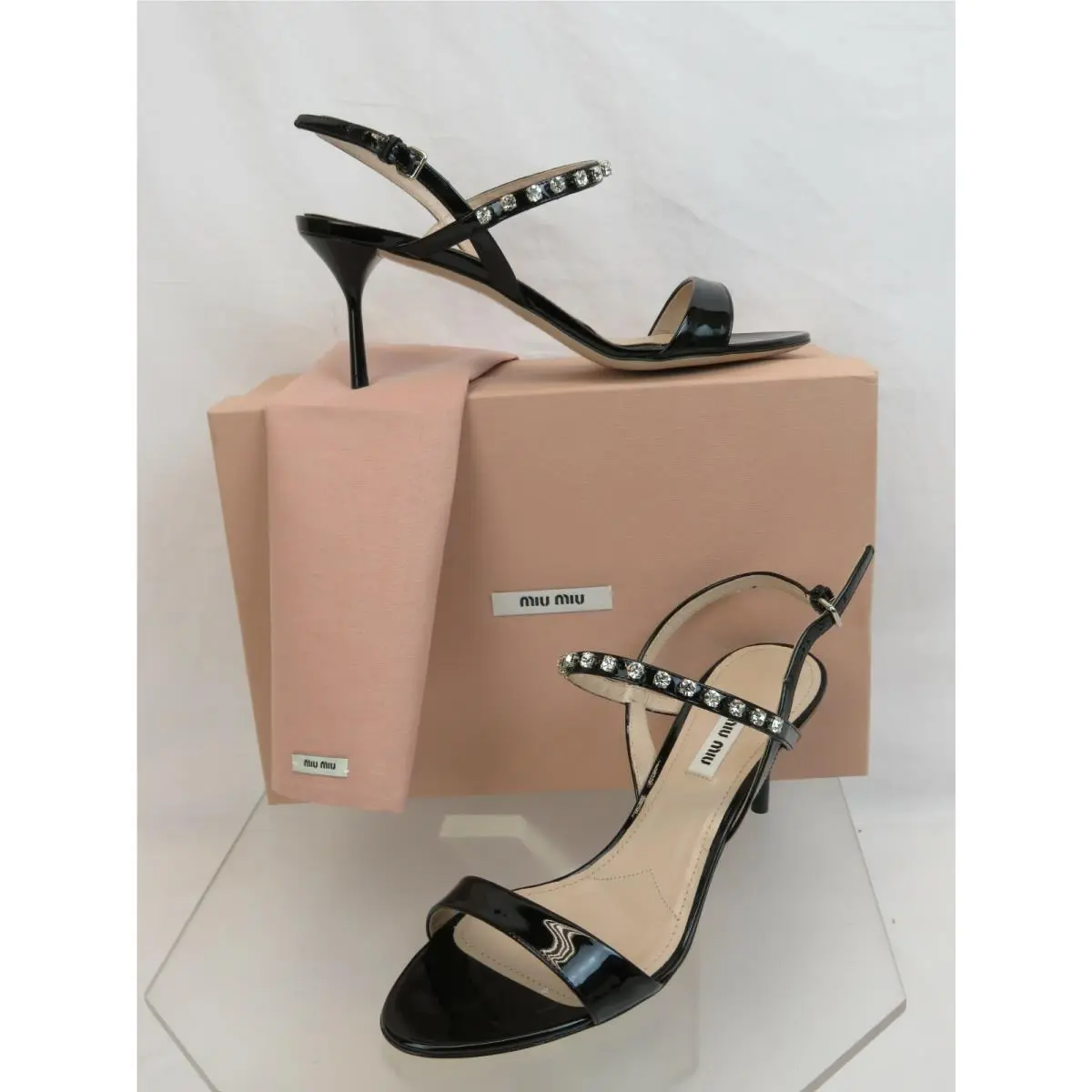 Miu Miu Prada 5X008C Black Patent Leather Jeweled Strap Sandals Pumps 38