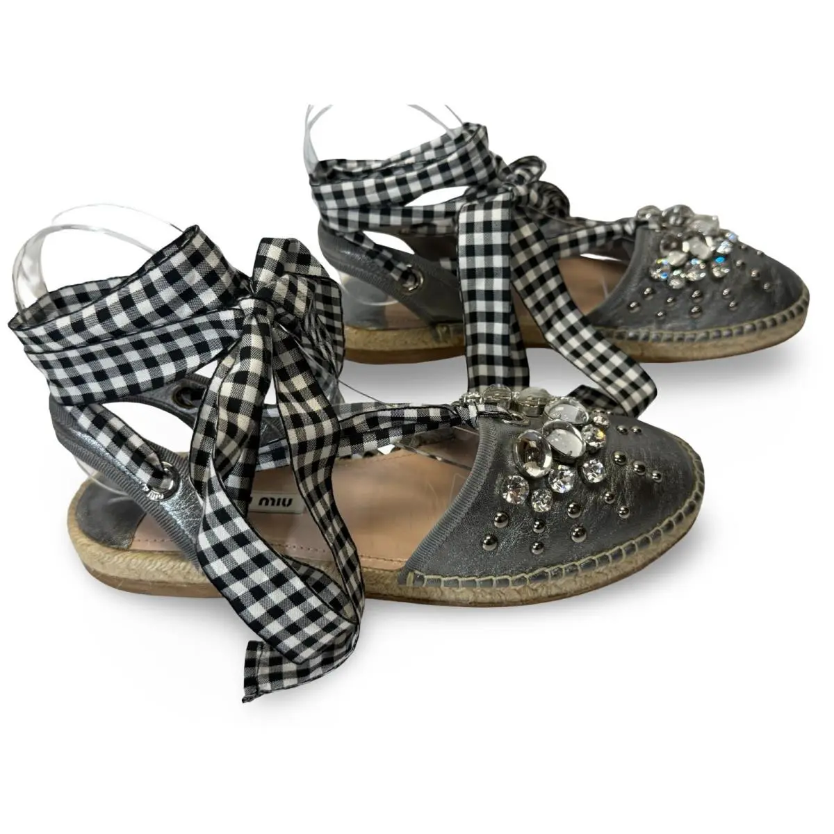 Miu Miu Silver Crystal Gingham Ribbon Ankle Strap Espadrille Shoes 37.5 7.5 Nwob