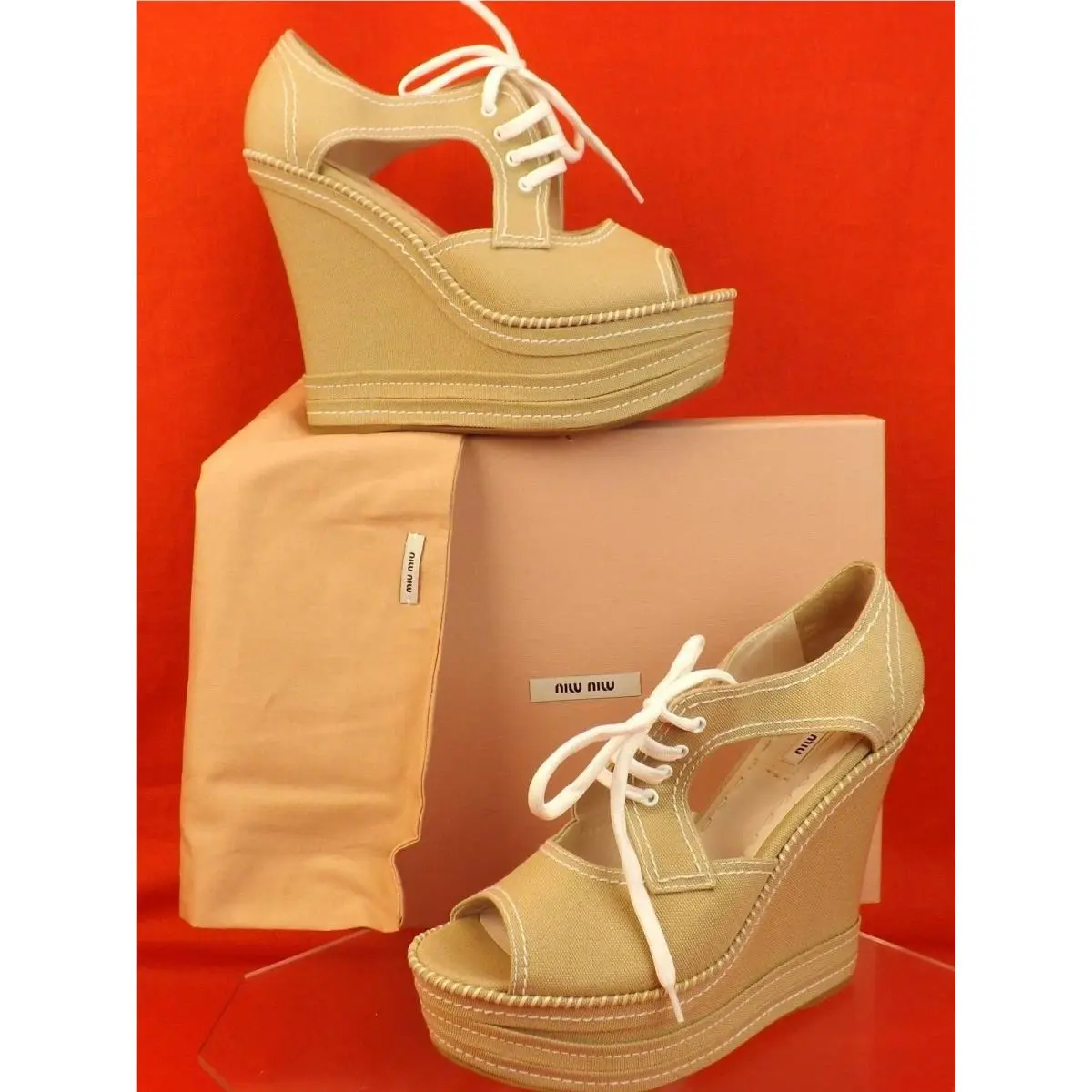 Miu Miu Prada 5KZ006 Beige Canvas Stitched Open Toe Lace Wedge Pumps 40.5