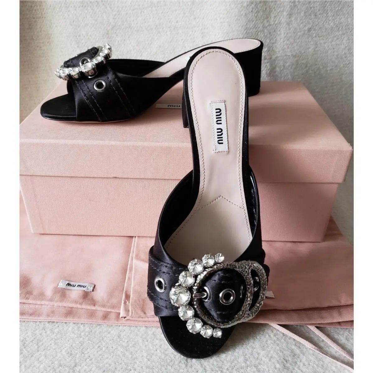 Miu Miu Prada 39 Jewel Buckle Slide Sandals Satin Crystal Black Low Heel