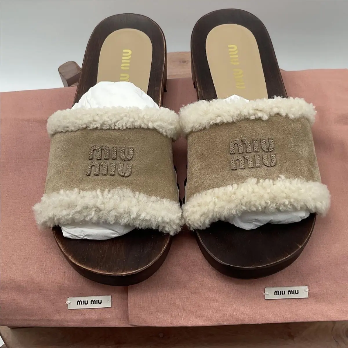 Miu Miu Zoccoli Clog Sandal Tan Suede Shearling Wood Platform Slide 36