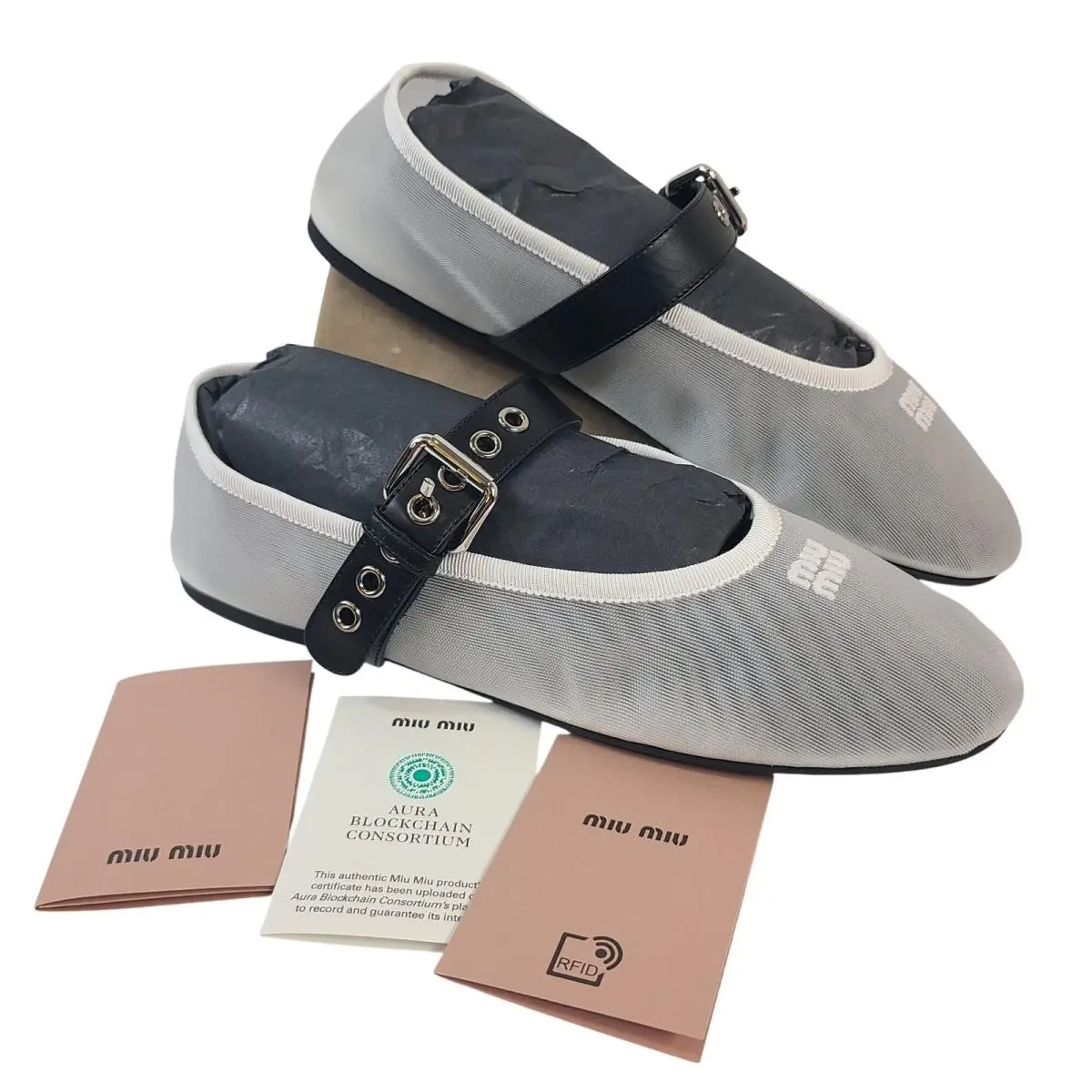 Miu Miu Mesh Ballet Flats Adjustable Black Leather Strap Sz 39 US 9 White