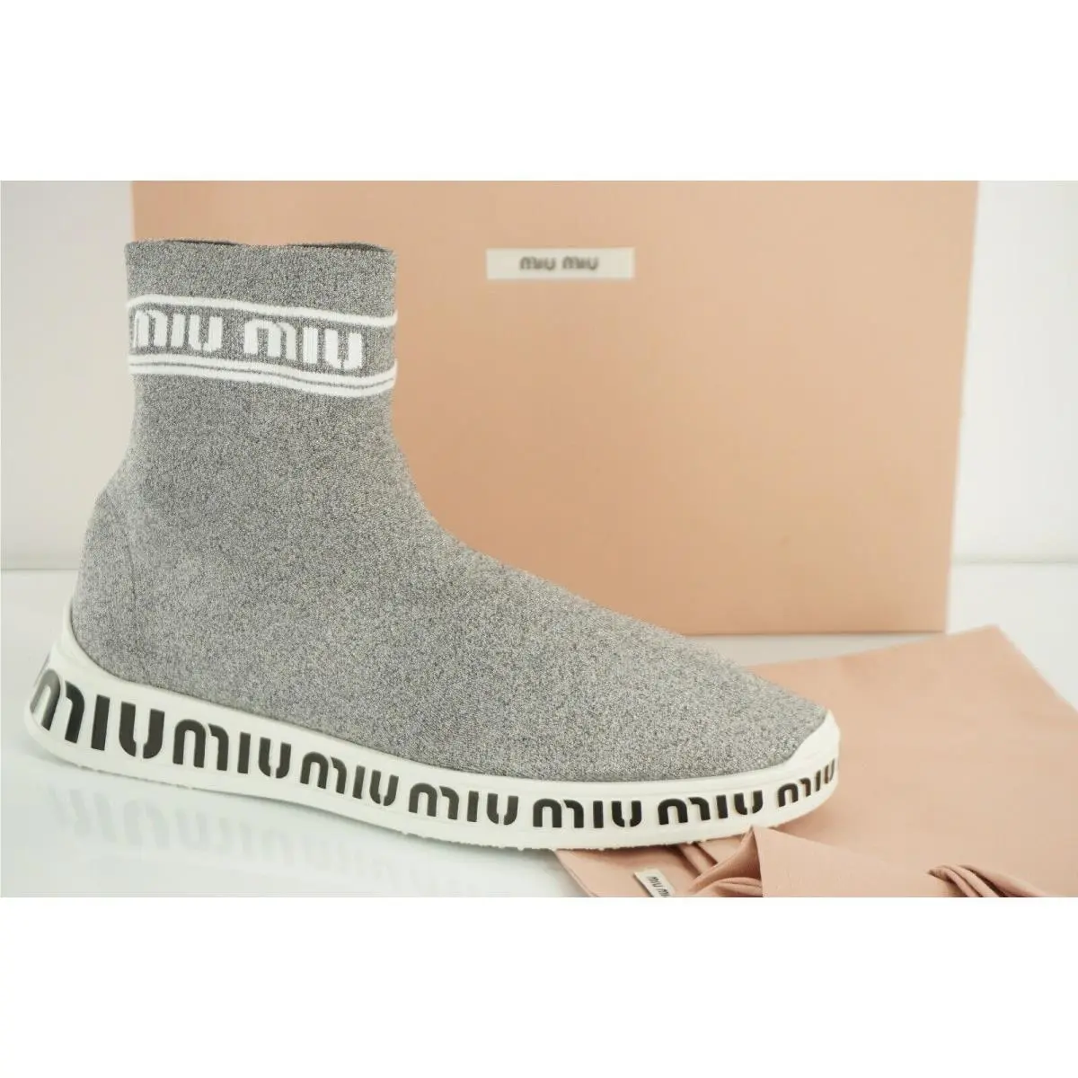 Miu Miu Logo Heel Sock High Top Sneaker SZ 38.5 Silver Glitter Fabric