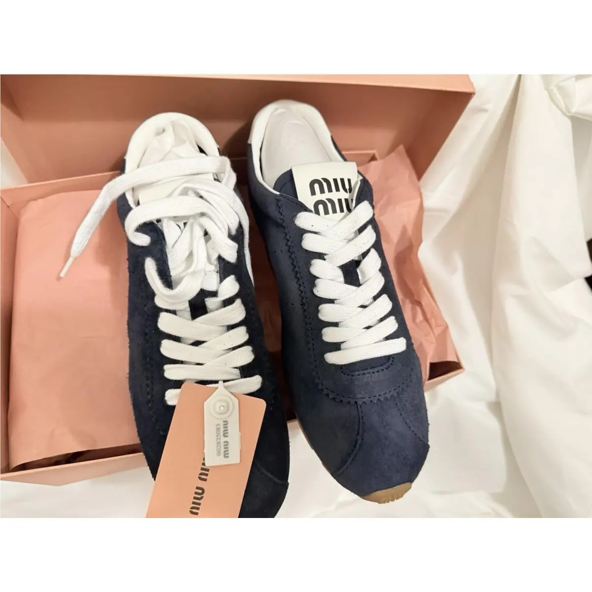 Miu Miu Plume Navy Suede Low Top Sneakers Shoes Women`s Size EU 38.5 US 8