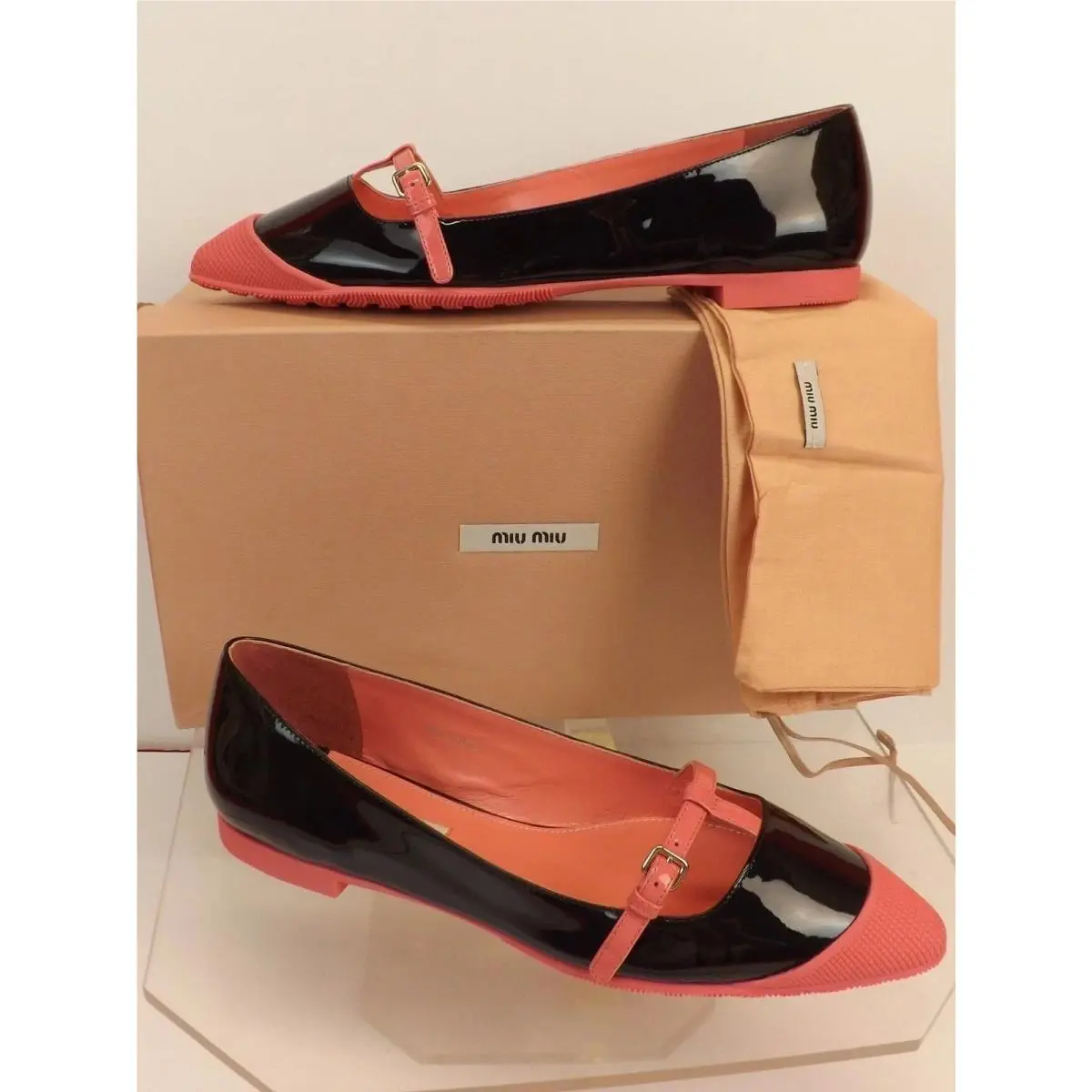 Miu Miu Prada 5F9566 Black Patent Leather Pink Trimmed Buckle Flats 39.5