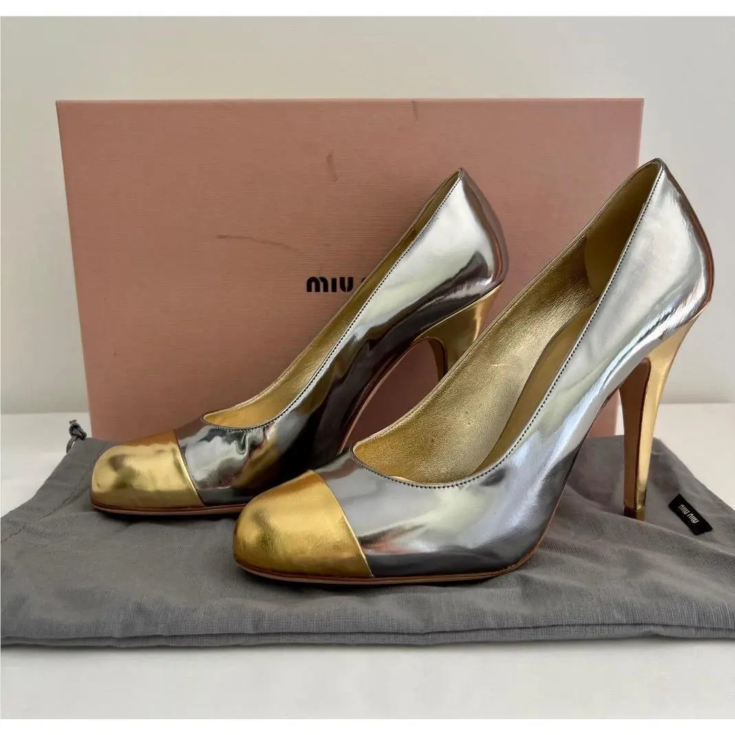 Miu Miu Platinum + Gold Patent Leather 4.75 Heel Fashion Pumps EU 38