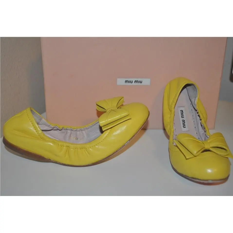 Miu Miu By Prada Bow Ballet Flats Shoes Yellow Leather Scrunch Eur 36