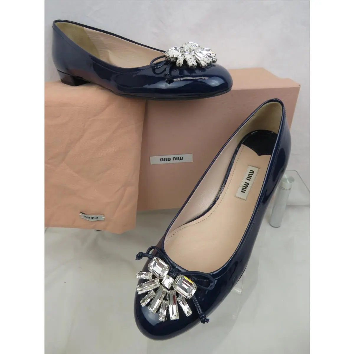 Miu Miu 5F9686 Prada Royal Blue Patent Leather Crystals Jeweled Bow Flats 38