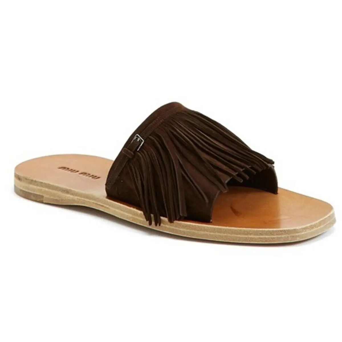 Miu Miu Fringe Brown Suede Mule Sandals Size 36.5