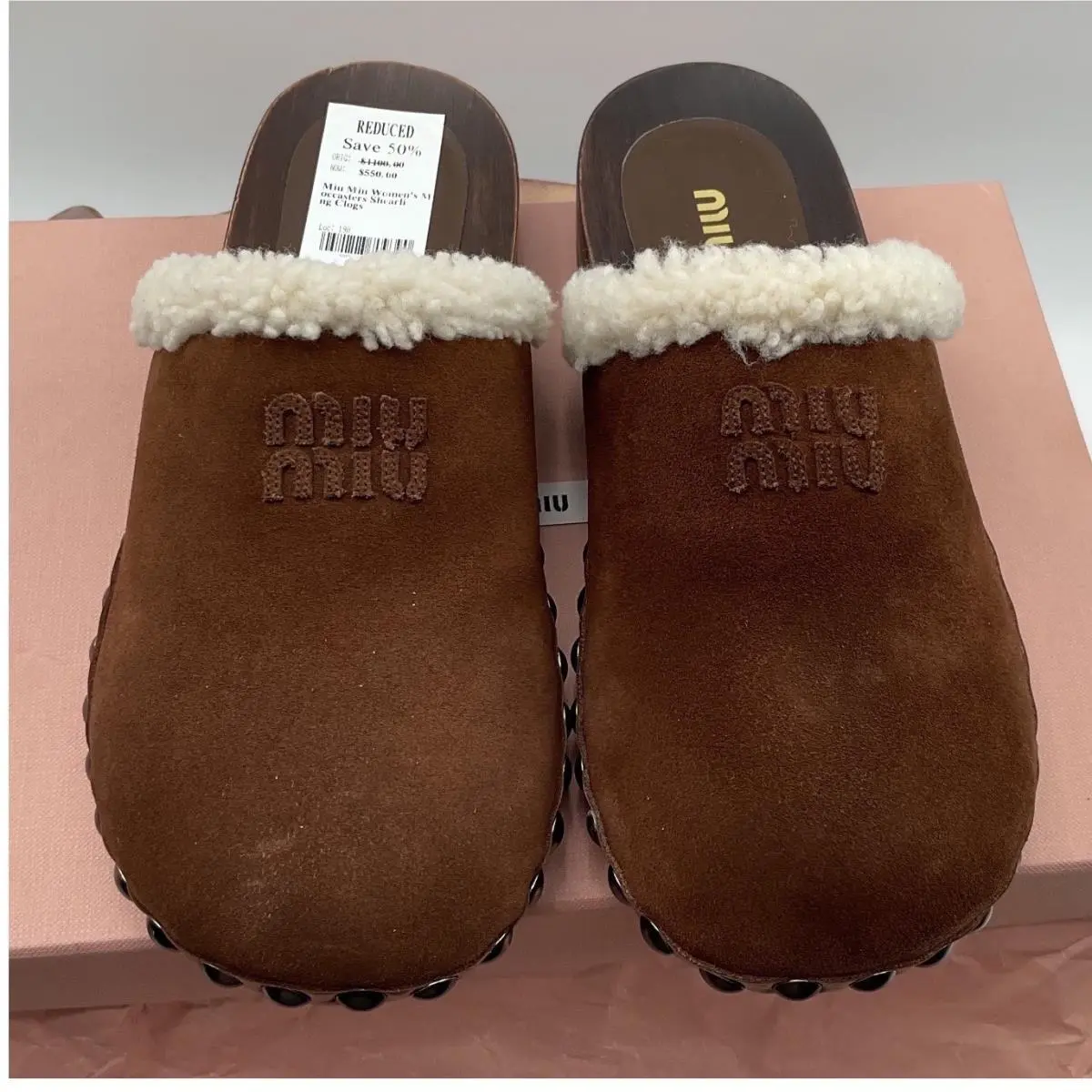 Miu Miu Cacao Brown Suede Shearling Studded Wooden Clogs 5Z504E Size 36