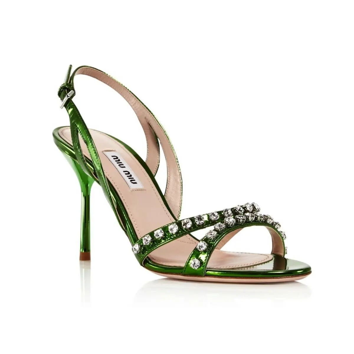 Miu Miu 258506 Women`s Jewel Strappy High Heel Sandals Metallic Green Size 38.5 - Green