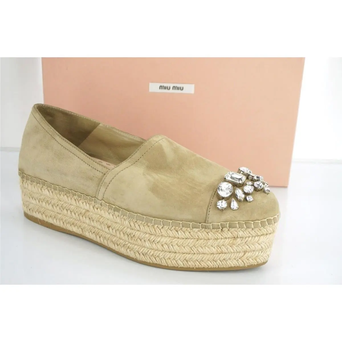 Miu Miu Beige Suede Crystal Jewel Toe Platform Espadrilles SZ 42 12 Slip on