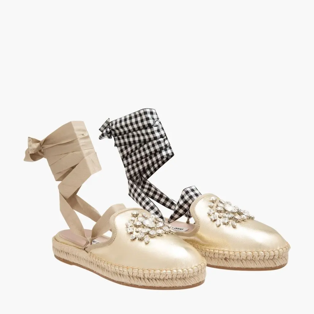 Miu Miu Prada Gold Leather Crystals Espadrilles Lace Platform Shoes 38.5/8.5 - Gold