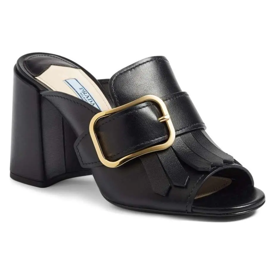 Miu Miu Prada Kiltie Fringe Buckle Strap Slide Mule Block Heel Shoe Black Leather 37